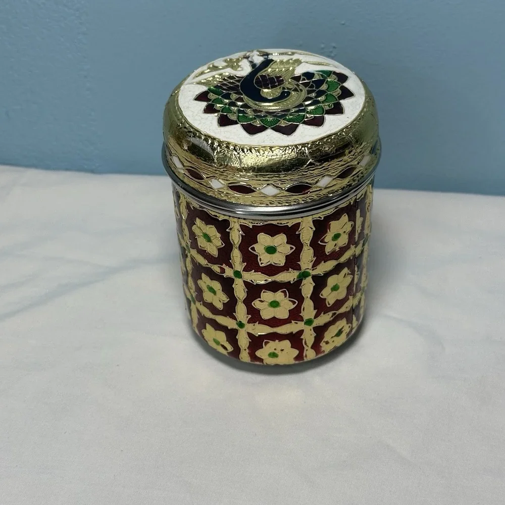 Meenakari Stainless Steel Box Peacock Lid Indian Decorative Canister Dabba